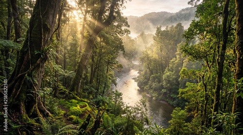 A vast ancient emerald rainforest awakening at dawn