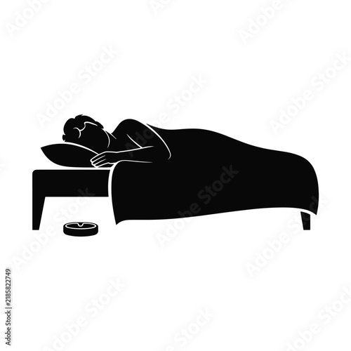 Sleeping man silhouette resting in bed with pillow and blanket for healthy sleep hygiene icon