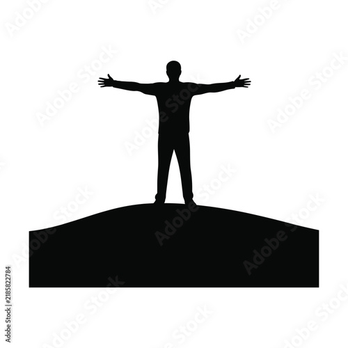 Success silhouette man standing on hill top with open arms representing freedom and victory