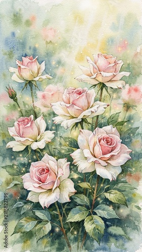 Delicate watercolor roses with soft petals in shades of pale pink