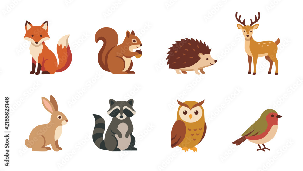 Obraz premium Autumn Woodland Animal Icon Set Vector Illustration, Squirrel Hedgehog Raccoon Owl Forest Flat Design Isolated on White Background