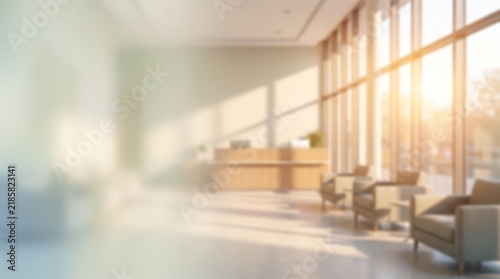 Modern Blurred Office Reception Lobby with Bright Sunlight Background
