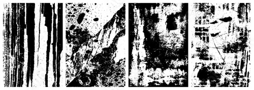 Set of 4 Black and White Grunge Textures Distressed Vector Backgrounds and Overlays for Graphic Design