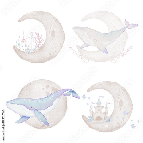 Whale and moon watercolor clip art