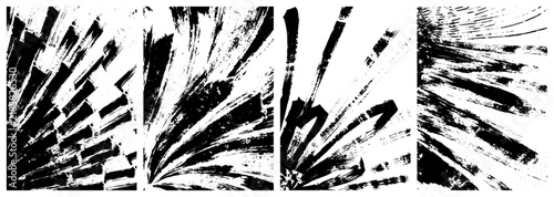 Collection of Four Abstract Grunge Vector Textures with Black Ink Brush Strokes and Burst Effects on a White Background
