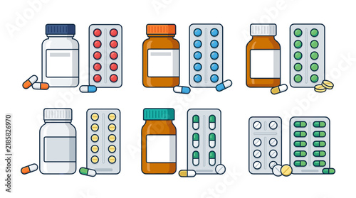 Flat Illustration Set of Medical Pill Bottles Blister Packs and Capsules for Healthcare