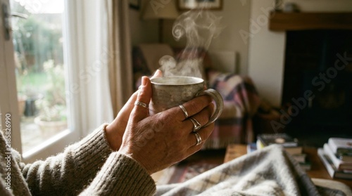 Hands Holding Steaming Hot Ceramic Cup by Window Overlooking Nature