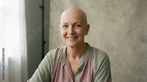 Warm Portrait of Confident Smiling Bald Woman Looking at Camera