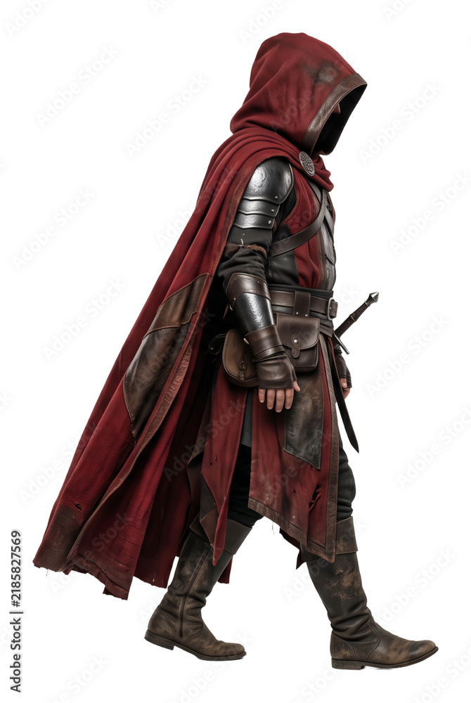 Fototapeta premium Hooded armored fantasy warrior in walking pose