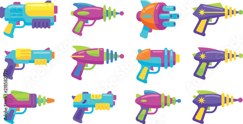 Obraz na plátne Toy ray gun blaster vector set, colorful sci-fi space laser weapons, game icons