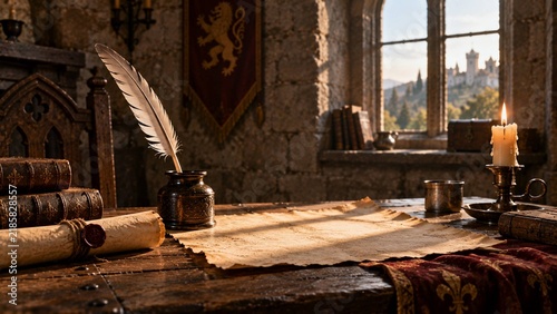 Medieval Writing Desk with Quill, Parchment and Candle in Ancient Castle