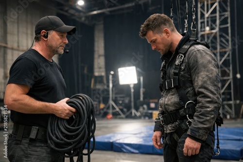 Bearded technician inspects green rope while stuntman wears tactical safety harness