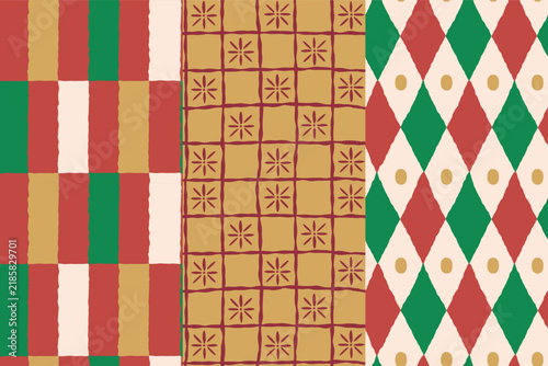 Vector Seamless Christmas pattern with hand-drawn holiday elements, geometric shapes, stars and festive ornaments in a retro color palette