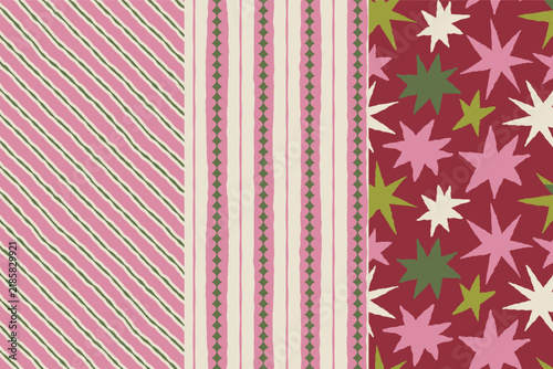 Vector Seamless Christmas pattern with hand-drawn holiday elements, geometric shapes, stars and festive ornaments in a retro color palette