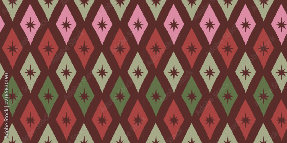 Obraz premium Vector Seamless Christmas pattern with hand-drawn holiday elements, geometric shapes, stars and festive ornaments in a retro color palette