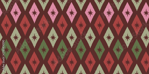 Vector Seamless Christmas pattern with hand-drawn holiday elements, geometric shapes, stars and festive ornaments in a retro color palette