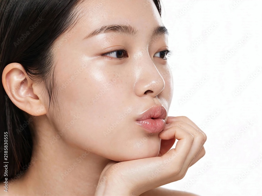Obraz premium Side Profile of Young Asian Woman Pouting with Hand under Chin Studio Skincare Portrait