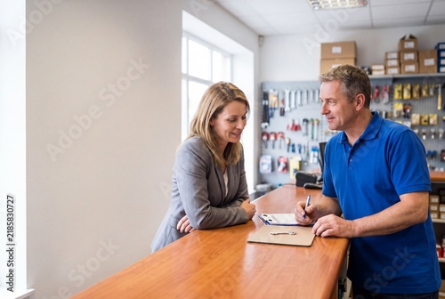 Locksmith Providing Expert Key Cutting Consultation to Client at Workshop Counter