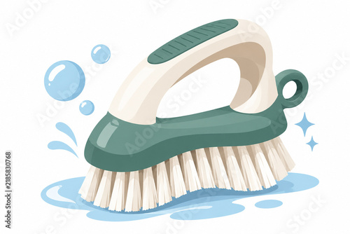 Unique Ergonomic Laundry Scrub Brush with Soap Bubbles and Water Splash Vector Illustration