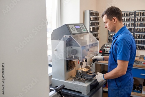 Automated Key Duplication Process by Technician in Industrial Locksmith Workshop