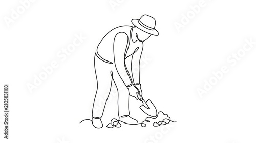 Continuous line drawing of a gardener digging with a shovel