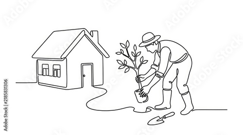 Continuous line drawing of a gardener planting a tree