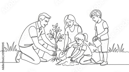 Happy family planting a tree together in the garden