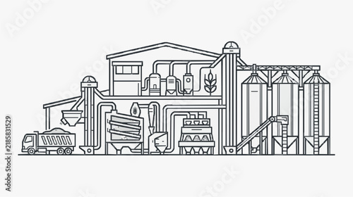 Grain Processing Plant Line Art with Industrial Equipment and Silos