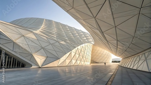 Modern architectural structure with geometric white panels and futuristic building design.