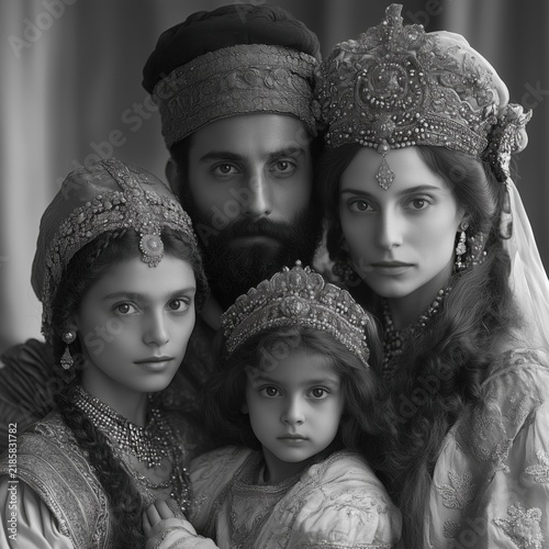 Black and white family portrait in traditional ornate vintage attire with intricate headpieces