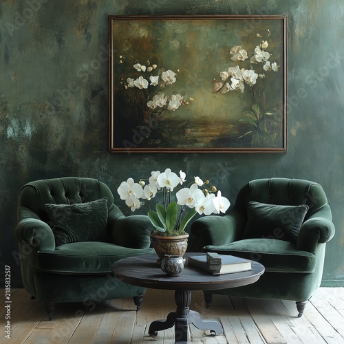 Elegant dark green interior mockup with two velvet armchairs and white orchids frame artwork