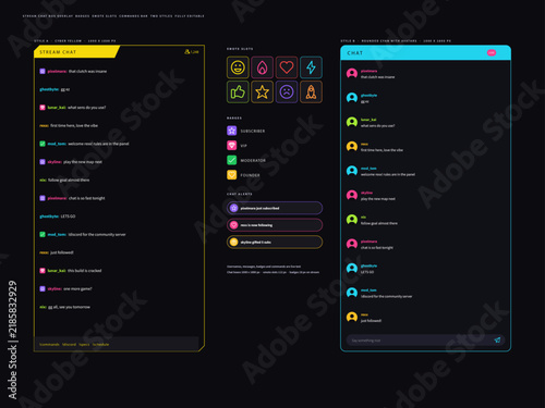 Fotografie Stream chat box overlay two styles badges emote slots commands bar