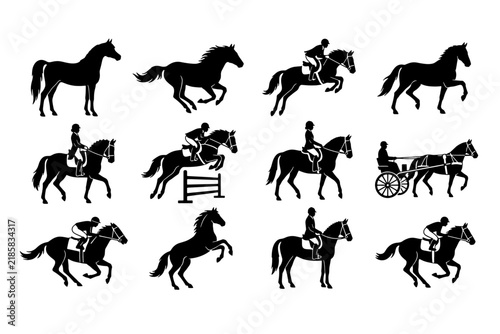 Horses show various equestrian postures and riding movements displayed in black silhouette sets.