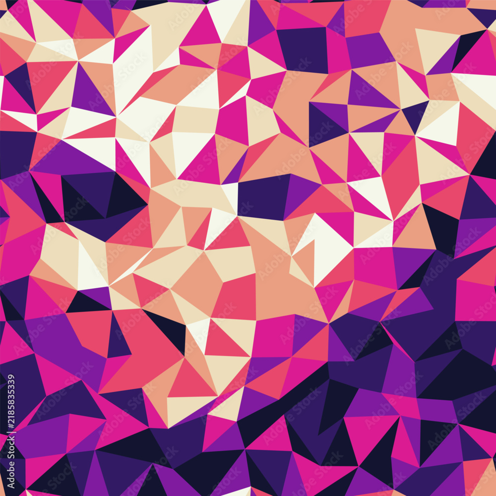 Fototapeta premium Abstract Low Poly Seamless Pattern Vector, Geometric Polygon Triangle Mesh Background, Purple Pink Beige Crystal Mosaic Texture Surface, Modern Graphic Design Wallpaper Print