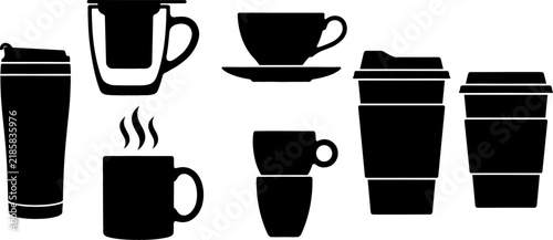 Coffee Cup Icon Set with To Go Paper Mugs, Espresso Cups, Saucer, Infuser, and Thermal Tumbler Vectors for Café Branding and Restaurant Menu Graphic Designs