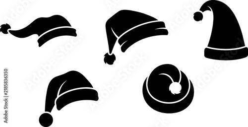 Santa Claus Hat Silhouette Icon Set with Varied Christmas Caps and Pom-poms for Winter Holiday Graphics, Festive Cards, Costumes, and Seasonal Designs