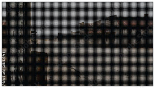 Vintage town street scene with dotted halftone effect for nostalgic retro design background.