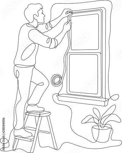 Continuous line illustration of a man installing or repairing window insulation and sealing around a home window
