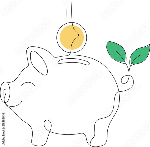 Piggy bank with falling coin and green leaves symbolizing saving money, investment, financial growth and a secure financial future.
