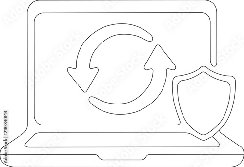Laptop with sync arrows and shield symbolizing secure data backup, recovery, protection and cybersecurity