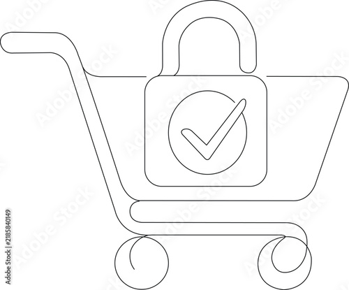 Shopping cart with padlock and check mark symbolizing secure online shopping, protected payment and ecommerce security