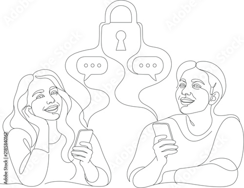 Couple using smartphones with chat bubbles and padlock symbol, illustrating secure messaging, private communication and data protection