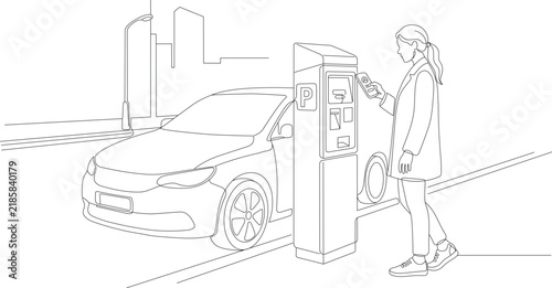 Line art of a woman using a smartphone to pay for parking at a meter beside a parked car in the city