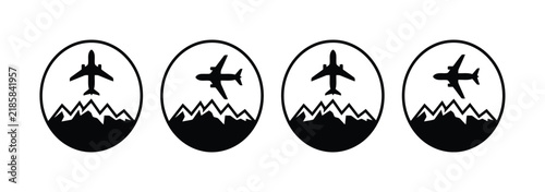 Four circular featuring airplane silhouettes flying over mountain ranges