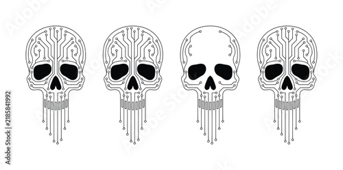 Four cybernetic human skulls with integrated circuit board patterns