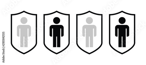 Four shield with human figures representing security and protection