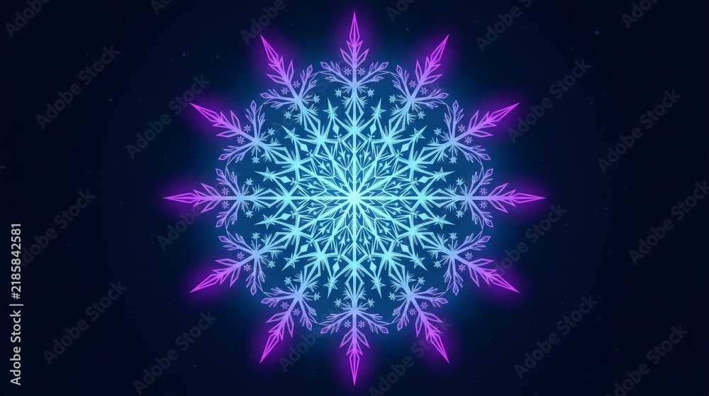 Obraz premium Radiant neon ice crystal snowflake with purple tips on dark blue