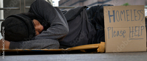 Konstfotografi Banner Woman helping hands to homeless people poverty beggar man holding hands asking for money job hope someone help in helpless dirty streets