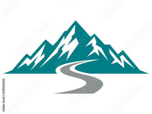 Mountain road icon, teal alpine landscape symbol, winding travel route vector for adventure and outdoor exploration