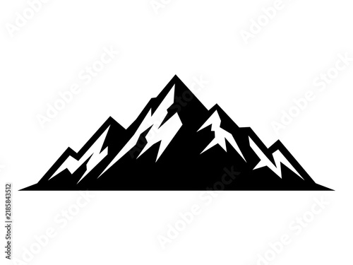 Black mountain icon, alpine peak landscape symbol, snowy summit vector graphic for adventure and nature design